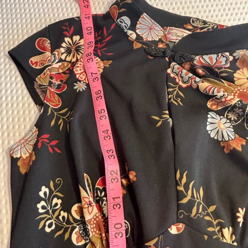 Soulmates Black Floral V-Neck Cap Sleeve Midi Tie Back Dress Medium - Picture 8 of 8